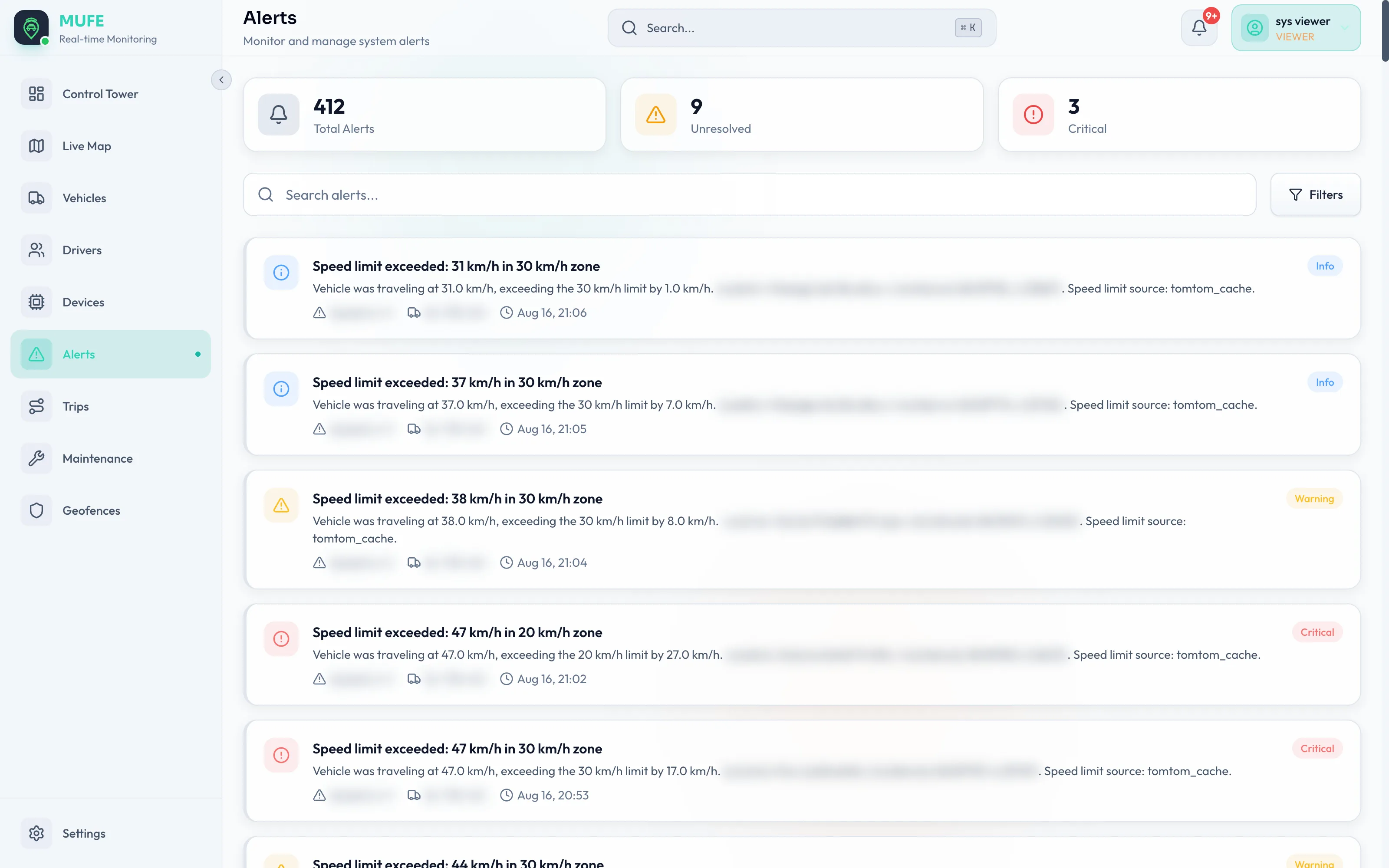 MUFE Alerts view showing graded fleet events and violations.