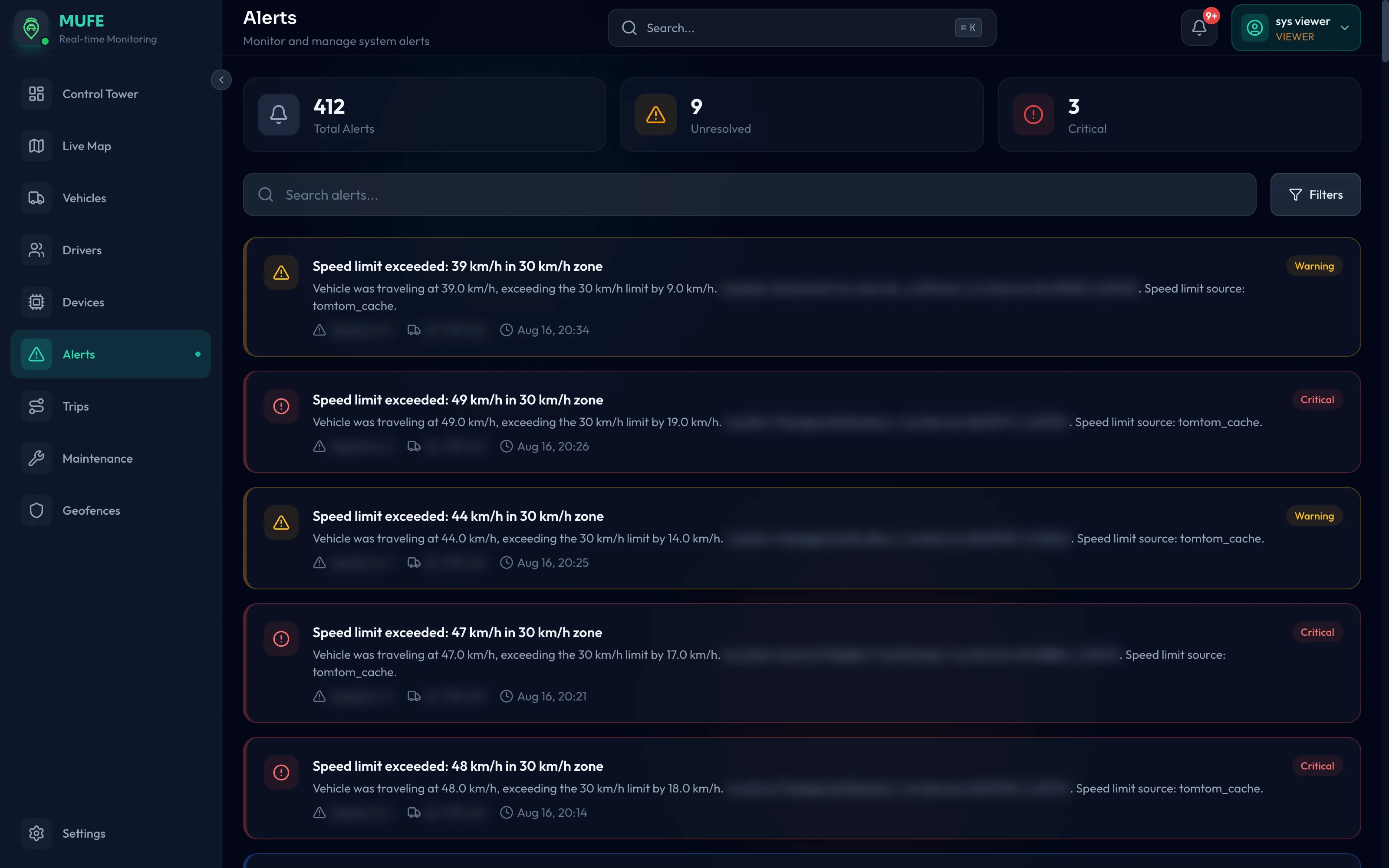 MUFE Alerts view showing graded fleet events and violations.