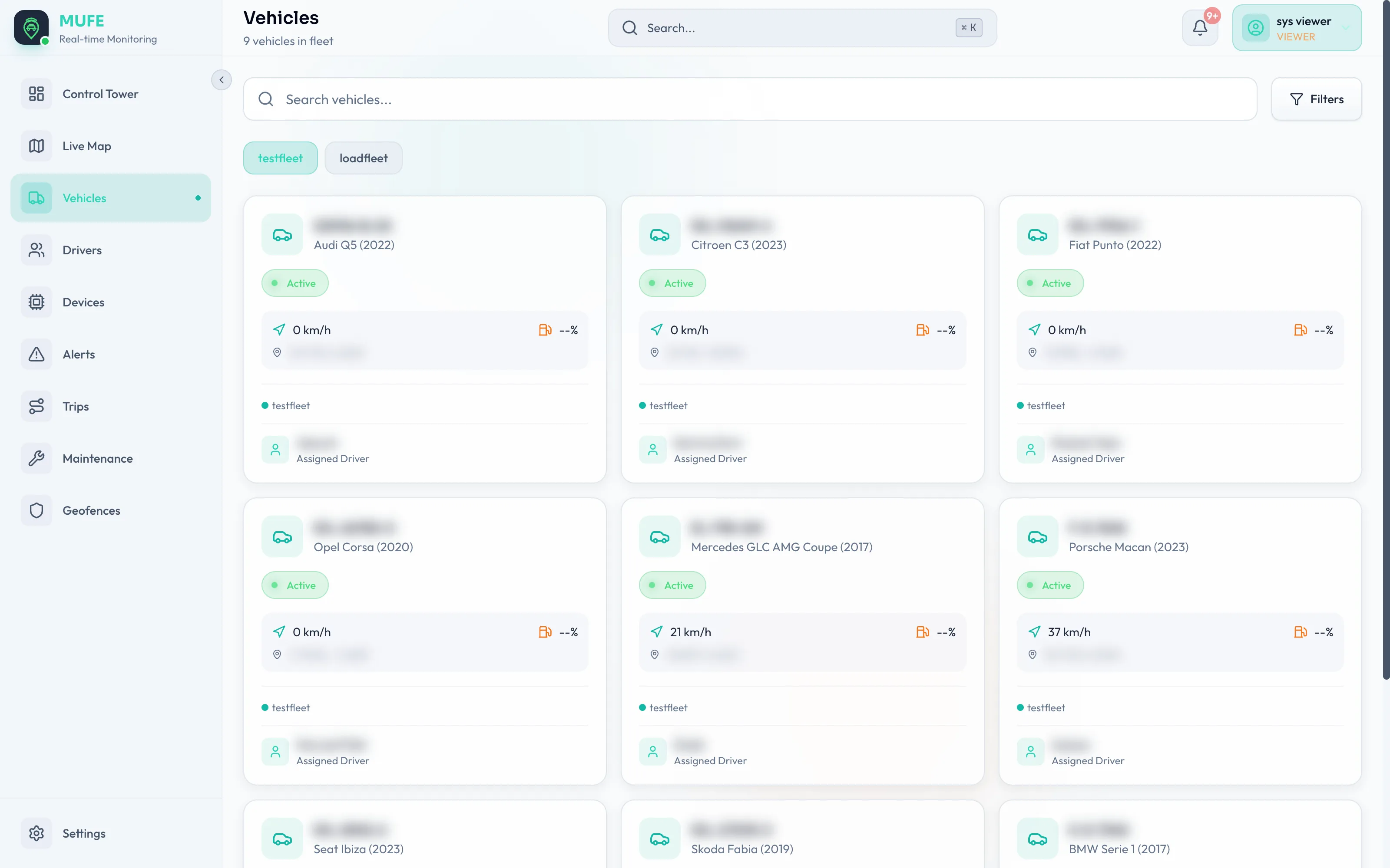 MUFE vehicle register with status, make, model and current speed.