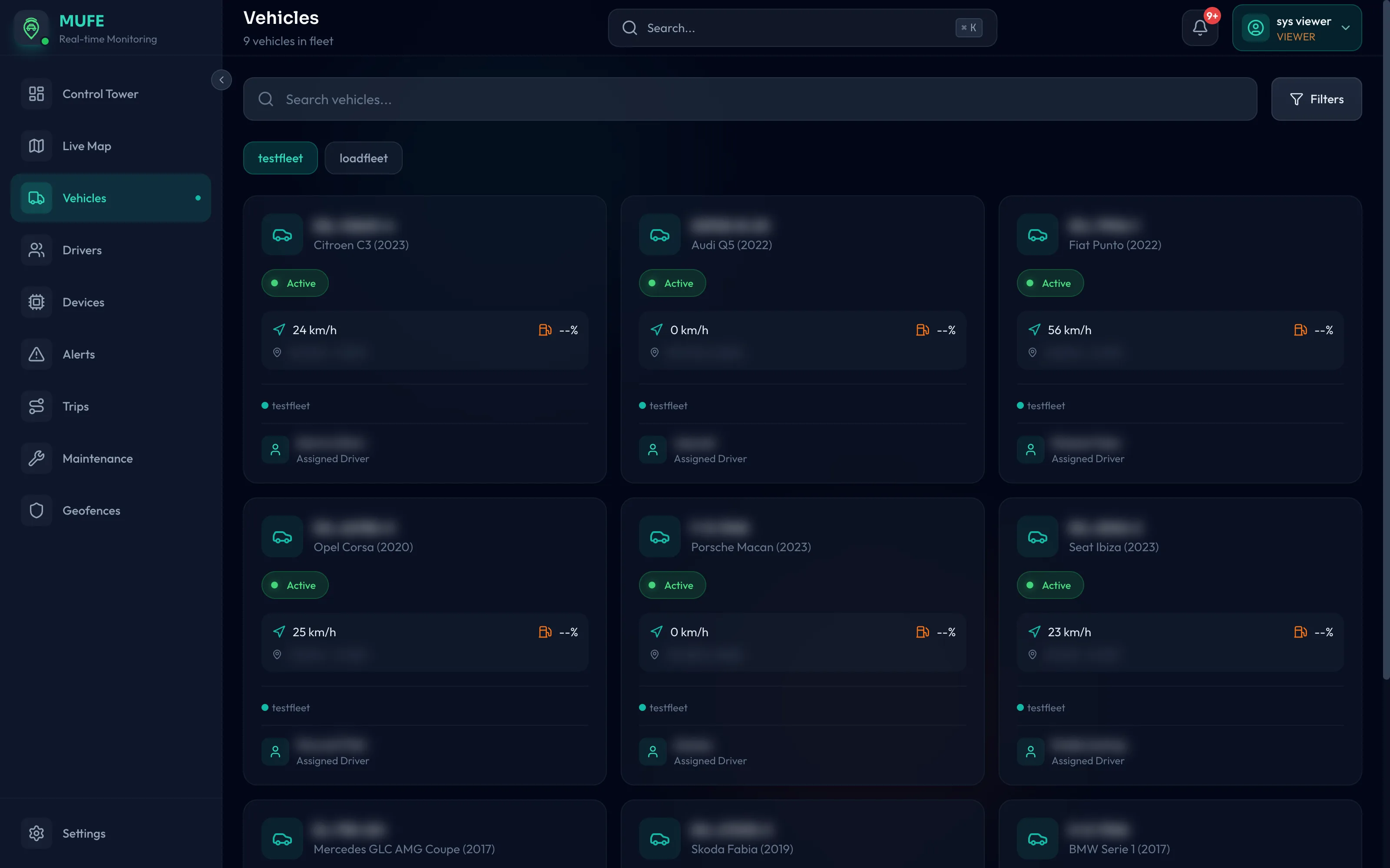 MUFE vehicle register with status, make, model and current speed.